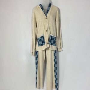 Cream Knit Cardigan with Blue Check Trim - Women's Sweater